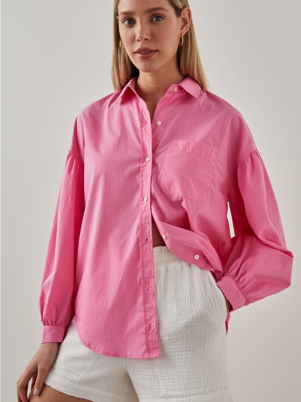Rails Janae Relaxed Pink Button-Down Shirt Puff Sleeve Cotton Size Medium